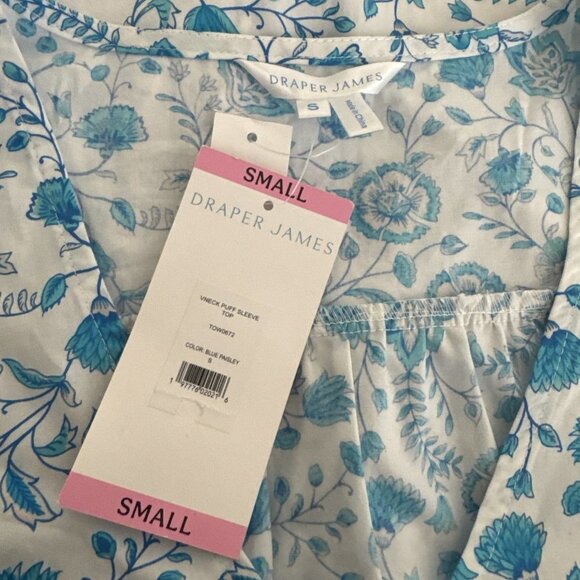 Draper James Women's S V-Neck Puff Sleeve Blouse Top Blue Floral NWT 9264 - Picture 7 of 15